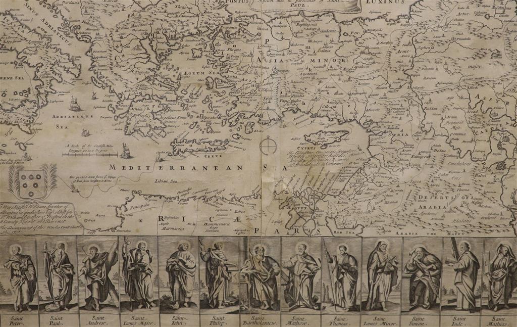 18th century engraving, Mapp of The Travel and Voyages of The Apostles, in particular Saint Paul, 31 x 47cm